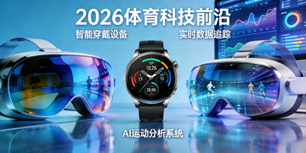 2026年最新体育科技展示，包括智能手表、VR头盔与数据分析屏幕